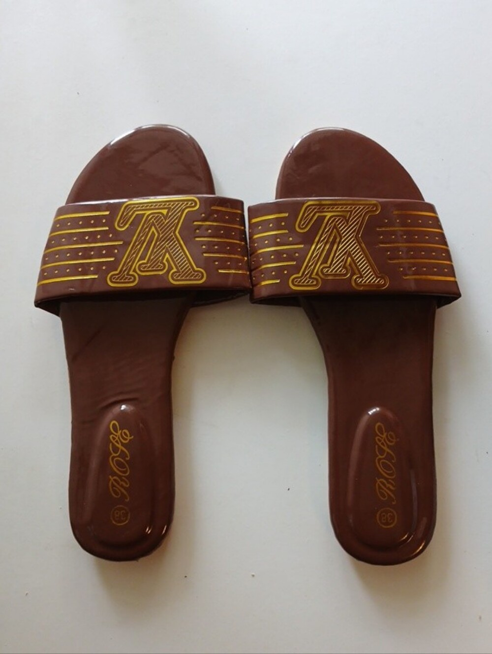 Brown Slide Sandals with Gold Accent - Women